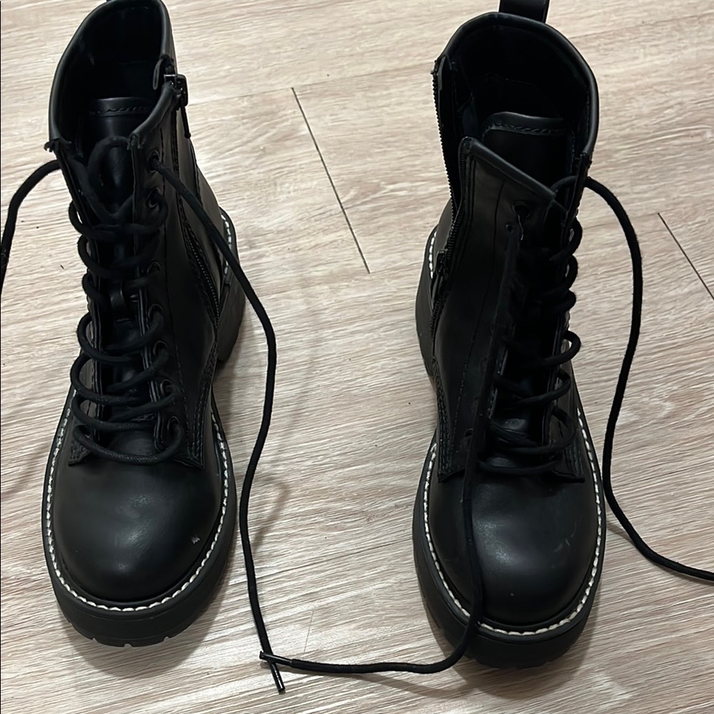 Black Leather Combat Boots with Sturdy Soles